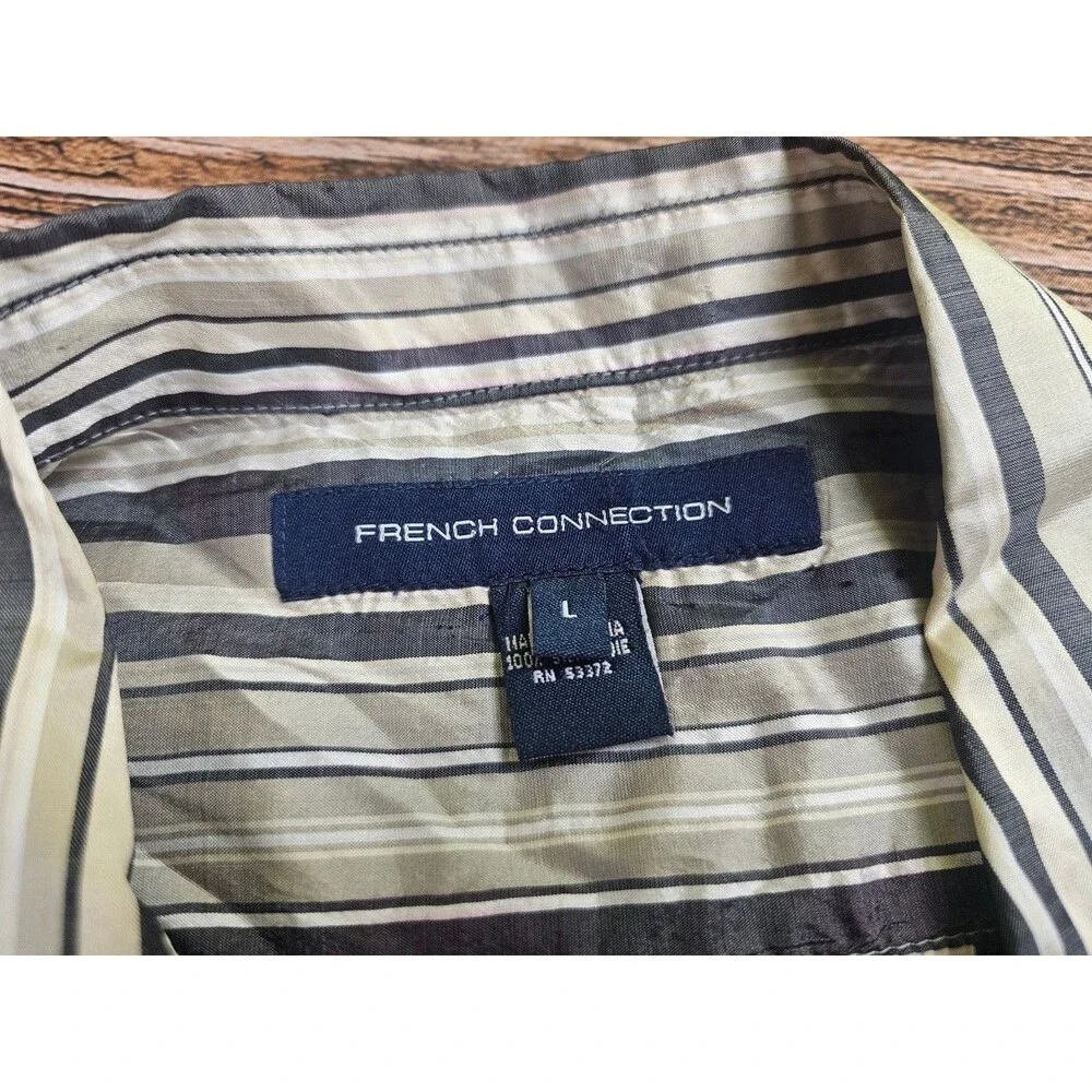 French Connection 100% Silk Short Slv Button Up Shirt Gray White Striped Men L
